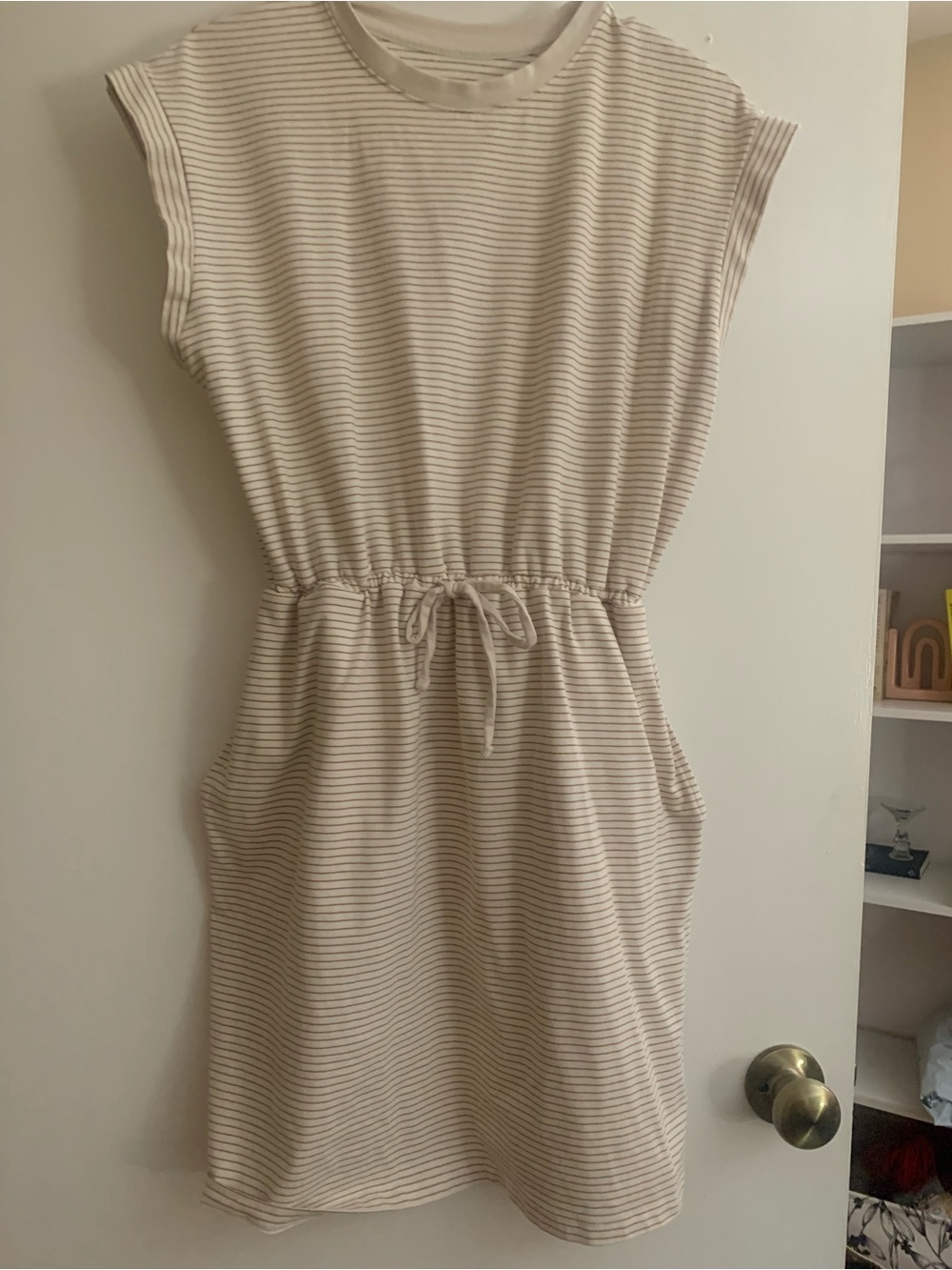 Striped Drawstring Waist Dress in Cream and Taupe
